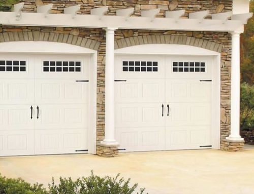 Garage Door – Bead Board with Stockton Windows, Blue Ridge Handles, Strap Hinges, White