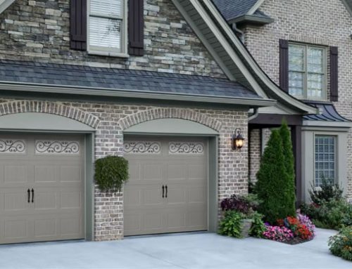 Garage Door – Bead Board with Trellis Windows, Blue Ridge Handles, Sandstone