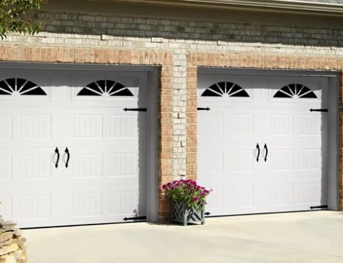 Garage Door – Bead Board with Wagonwheel Windows, Blue Ridge Handles, Strap Hinges, White
